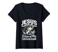 Donna Jesus Made Me a Fisherman I Catch He Cleans Christian Bible Maglietta con Collo a V