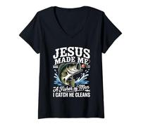 Donna Jesus Made Me a Fisherman I Catch He Cleans Christian Bible Maglietta con Collo a V