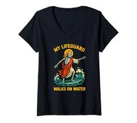 Donna Jesus My Lifeguard Cammina sull'acqua Divertimento Uomo Fede Cristiana Maglietta con Collo a V