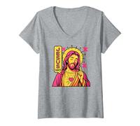 Donna Jesus Salva Christian Anime Sacred Heart Manga Pop Art Rosa Maglietta con Collo a V