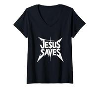 Donna Jesus salva Funny Metal Font Christian Faith Rocker Maglietta con Collo a V