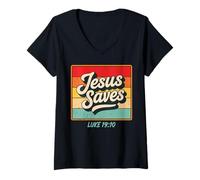Donna Jesus Saves Luke 19:10 Retro Vintage Christian Bible Verse Maglietta con Collo a V