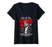 Donna Jesus Streetwear Take Up Your Cross Luke 9:24 Versetto della Bibbia Maglietta con Collo a V