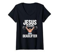 Donna Jesus The Ultimate Deadlifter - Gesù Deadlifting Christian Maglietta con Collo a V