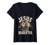 Donna Jesus The Ultimate Deadlifter Muscolare Palestra Divertente Christian Maglietta con Collo a V