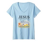 Donna Jesus The Way The Truth The Life Watercolor Mountains Maglietta con Collo a V