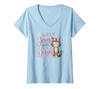 Donna Jesus Thinks I'm A Delight Funny Christian Faith Cat Lover Maglietta con Collo a V