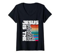 Donna Jesus Way Light King Rock Vine Life Truth Alpha Healer Omega Maglietta con Collo a V