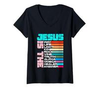 Donna Jesus Way Light King Rock Vine Life Truth Alpha Healer Omega Maglietta con Collo a V