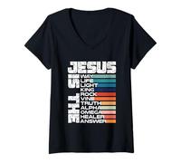 Donna Jesus Way Truth Life Vine Light King Rock Alpha Healer Omega Maglietta con Collo a V