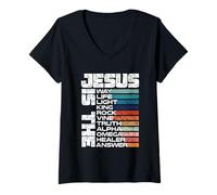 Donna Jesus Way Truth Life Vine Light King Rock Alpha Healer Omega Maglietta con Collo a V