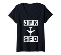 Donna JFK a SFO Route New York San Francisco Maglietta con Collo a V