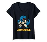 Donna Jitsusaurus Funny Dinosaur Brazilian Jiu Jitsu Blue T-Rex Maglietta con Collo a V