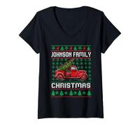 Donna Johnson Family Ugly Christmas Sweater Red Truck Funny Xmas Maglietta con Collo a V