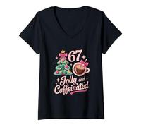 Donna Jolly Caffeinated Coffee Christmas Tree 67 Six Seven Meme Maglietta con Collo a V