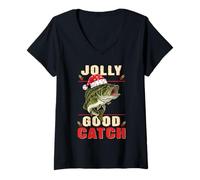 Donna Jolly Good Catch - Divertente Pesca Natalizia con Satna Bass Maglietta con Collo a V