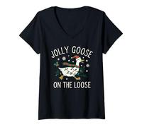 Donna Jolly Goose On The Loose Funny Christmas Holiday Goose Maglietta con Collo a V