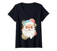 Donna Jolly Santa Claus Face Christmas Vibes Maglietta con Collo a V