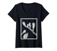 Donna Joshua Tree Linocut Print - Inchiostro Bianco Maglietta con Collo a V