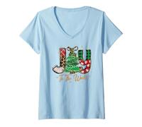 Donna Joy To The World - Albero di Natale Leopardato a Quadri, Buffalo retrò Maglietta con Collo a V