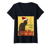 Donna Joyeux Noel Le Chat Noir Natale Holiday Vector Maglietta con Collo a V