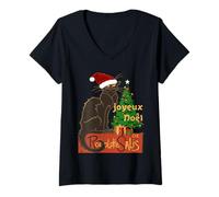 Donna Joyeux Noel Le Chat Noir Parodia con Yule Tree Maglietta con Collo a V