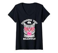Donna Judging You Silently Funny Cat Blowing Bubble Gum Pink Cat Maglietta con Collo a V