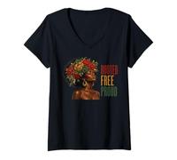 Donna Juneteenth Rooted Free Proud Black Woman Afro Floral Maglietta con Collo a V