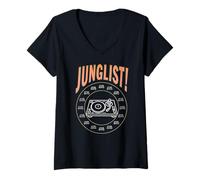 Donna Junglist Music Drum And Bass Dance Rave DJ Costume Giradischi Maglietta con Collo a V