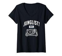 Donna Junglist Music Drum And Bass Dance Rave Jungle DJ Giradischi Maglietta con Collo a V