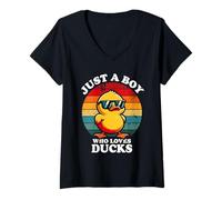 Donna Just A Boy Who Loves Ducks Fantastico Retro Giallo Amante delle Anatre Maglietta con Collo a V