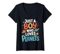 Donna Just A Boy Who Loves Planets Cute Space Astronomy Art Maglietta con Collo a V