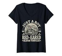 Donna Just a Boy Who Loves Red-Eared Slider Turtles Rettile Retro Maglietta con Collo a V