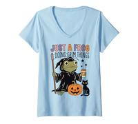 Donna Just A Frog Doing Grim Things Funny Halloween Frog Maglietta con Collo a V