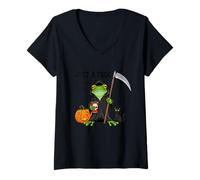 Donna Just a Frog Doing Grim Things - Rana di Halloween - Rana Divertente Maglietta con Collo a V
