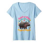Donna Just A Girl Pigmeo Ippopotamo Ippopotamo Divertente Carino Maglietta con Collo a V