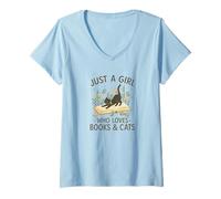Donna Just a Girl Who Loves Books And Cats Pastel Reading Cat Maglietta con Collo a V