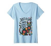 Donna Just a Girl Who Loves Cats - Folk Art Style Kitty Maglietta con Collo a V