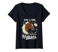 Donna Just a Girl Who Loves Horses - Motivo Floreale per Amanti dei Cavalli Maglietta con Collo a V