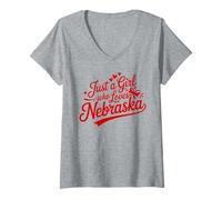 Donna Just A Girl Who Loves Nebraska, Women's Girls Cute Nebraska Maglietta con Collo a V