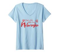Donna Just A Girl Who Loves Nebraska, Women's Girls Cute Nebraska Maglietta con Collo a V