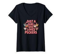 Donna Just A Girl Who Loves Peckers Chicken Farm Animal Tees Funny Maglietta con Collo a V