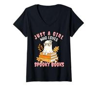Donna Just a Girl Who Loves Spooky Books Maglietta di Halloween Maglietta con Collo a V