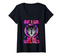 Donna Just a Girl Who Loves Wolves Galaxy Space Wolf Lover Maglietta con Collo a V