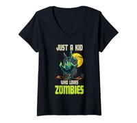 Donna Just A Kid Who Loves Zombie - Divertente Halloween Ragazzo Ragazza Maglietta con Collo a V
