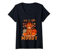 Donna Just A Little Moody Fall Cow Thanksgiving Autumn Vibes Autunno Maglietta con Collo a V