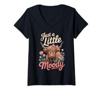 Donna Just A Little Moody Highland Cow Floral Funny Quote Maglietta con Collo a V