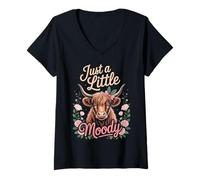 Donna Just A Little Moody Highland Cow Floral Funny Quote Maglietta con Collo a V