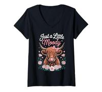 Donna Just A Little Moody Highland Cow Floral Funny Quote Maglietta con Collo a V