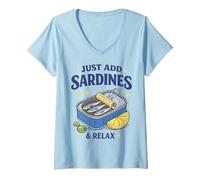 Donna Just ADD Sardines Funny Seafood Lover Retro Fish Humor Maglietta con Collo a V